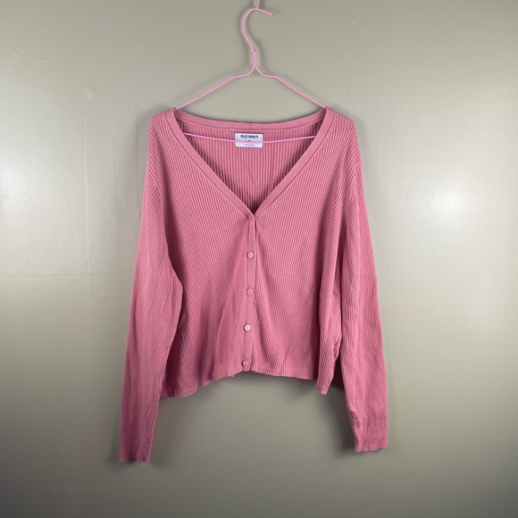Old Navy pink ribbed button down v-neck cardigan - Picture 1 of 6